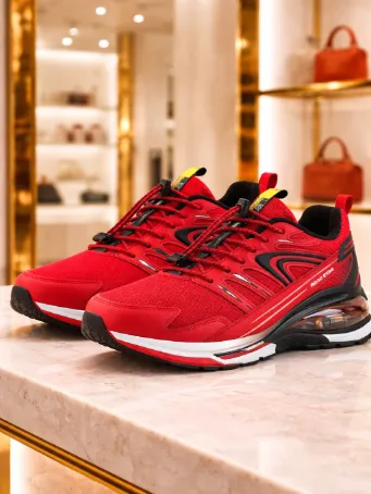 Kadın Kırmızı Air Tabanlı Spor Ayakkabı - Bağcıklı Günlük Yürüyüş Sneaker