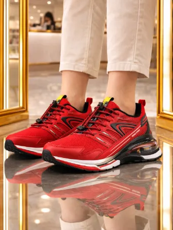 Kadın Kırmızı Air Tabanlı Spor Ayakkabı - Bağcıklı Günlük Yürüyüş Sneaker