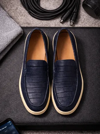 Modern Dokulu Lacivert Erkek Loafer Günlük Slip-On Ayakkabı