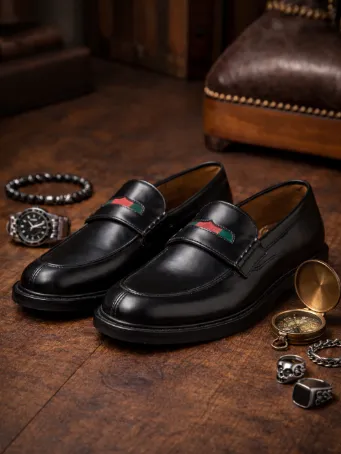 Prestige Şerit Detaylı Siyah Deri Erkek Loafer Ayakkabı