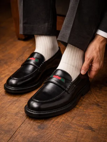 Prestige Şerit Detaylı Siyah Deri Erkek Loafer Ayakkabı