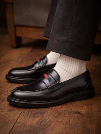 Prestige Şerit Detaylı Siyah Deri Erkek Loafer Ayakkabı