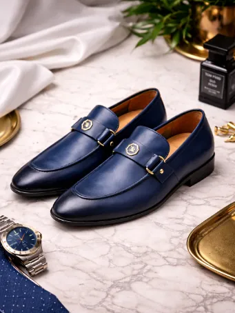 Royal Toka Detaylı Lacivert Deri Erkek Loafer Ayakkabı