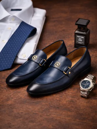 Royal Toka Detaylı Lacivert Deri Erkek Loafer Ayakkabı