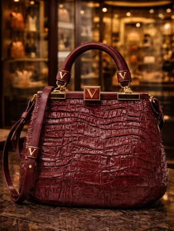 Kadın Bordo Kroko Desenli El ve Omuz Çantası - Gold Detaylı Şık Tote Çanta