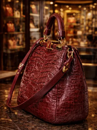 Kadın Bordo Kroko Desenli El ve Omuz Çantası - Gold Detaylı Şık Tote Çanta