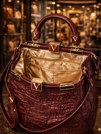 Kadın Bordo Kroko Desenli El ve Omuz Çantası - Gold Detaylı Şık Tote Çanta