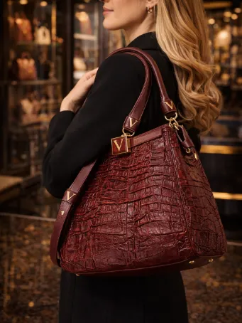 Kadın Bordo Kroko Desenli El ve Omuz Çantası - Gold Detaylı Şık Tote Çanta