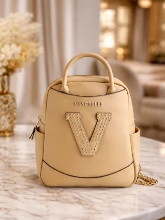 Krem Mini Kadın Sırt Çantası V Logolu Şık Günlük Çanta