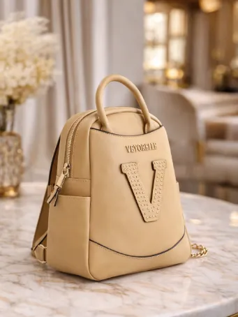 Krem Mini Kadın Sırt Çantası V Logolu Şık Günlük Çanta