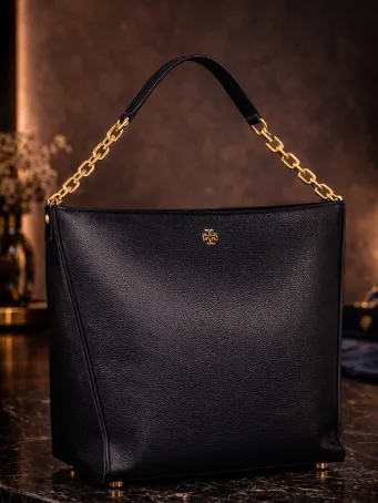 Lüks Siyah Full-Grain Deri Omuz Çantası Altın Zincir Detaylı