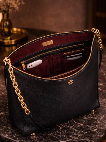 Lüks Siyah Full-Grain Deri Omuz Çantası Altın Zincir Detaylı