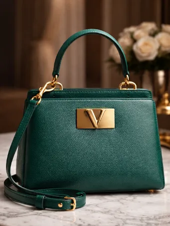 Yeşil Deri Kadın El ve Omuz Çantası Gold V Logolu