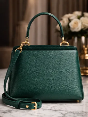 Yeşil Deri Kadın El ve Omuz Çantası Gold V Logolu