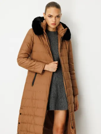 Kapüşonlu Kürk Detaylı Uzun Şişme Mont – Camel / Bej 5601