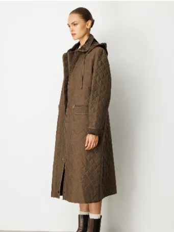 Kapüşonlu Uzun Kapitone Kadın Kaban Model 5316