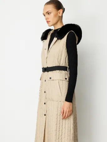 Kemer Detaylı Kapüşonlu Uzun Kapitone Kadın Yelek 5530