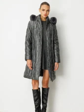 Kürk Detaylı Kapüşonlu Uzun Kadın Şişme Mont Model 5411