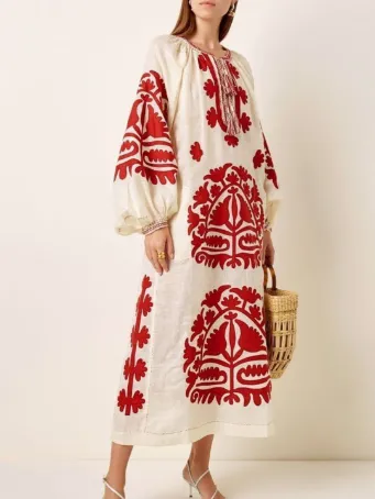 Kırmızı Motifli Etnik Elbise