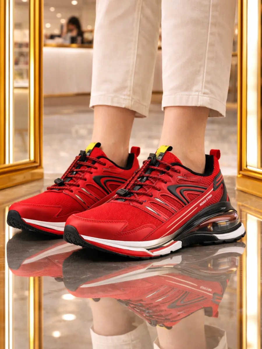 Kadın Kırmızı Air Tabanlı Spor Ayakkabı - Bağcıklı Günlük Yürüyüş Sneaker