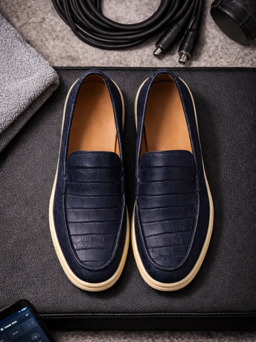 Modern Dokulu Lacivert Erkek Loafer Günlük Slip-On Ayakkabı