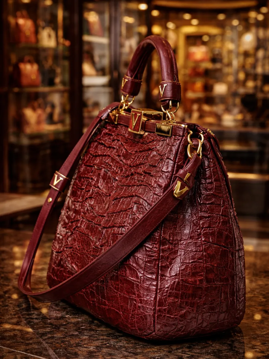 Kadın Bordo Kroko Desenli El ve Omuz Çantası - Gold Detaylı Şık Tote Çanta