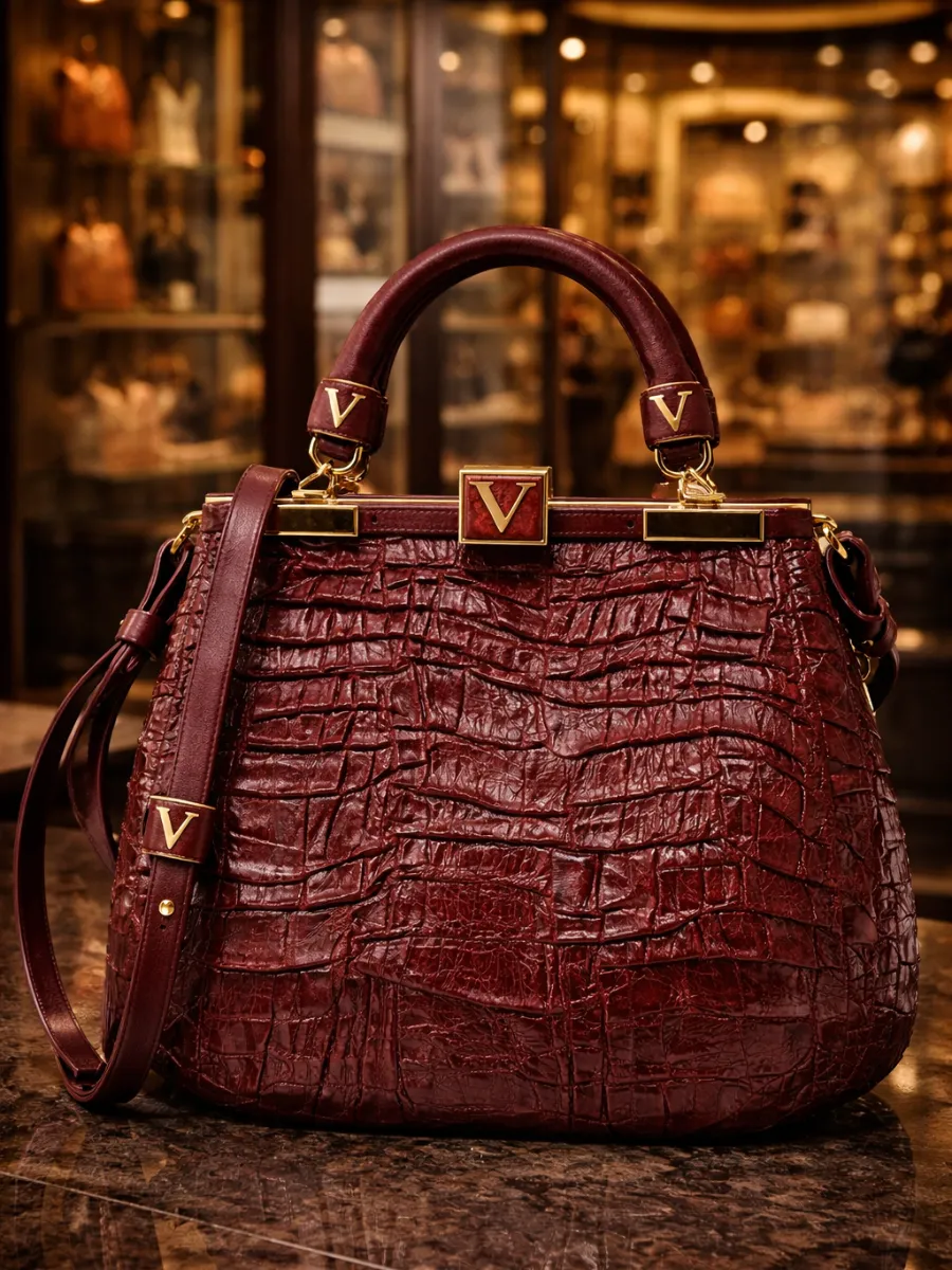 Kadın Bordo Kroko Desenli El ve Omuz Çantası - Gold Detaylı Şık Tote Çanta