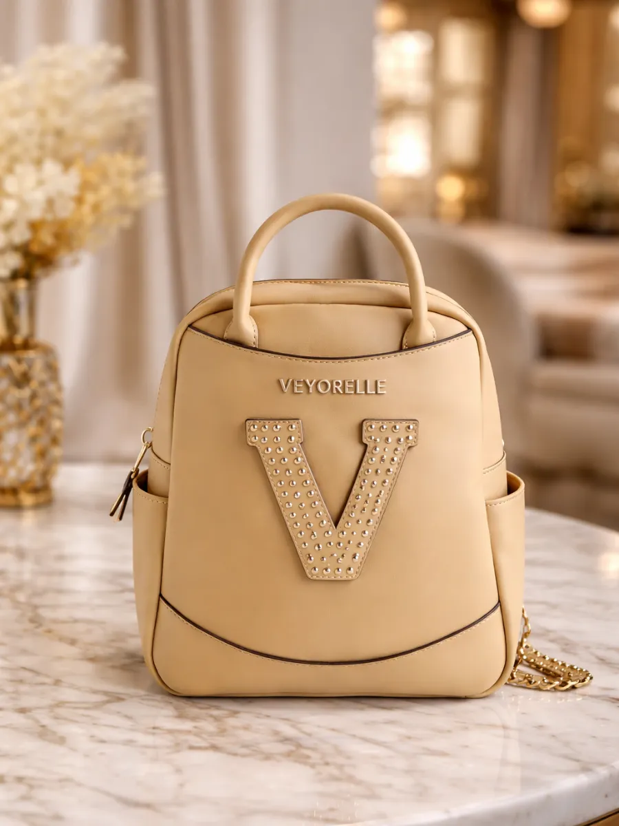 Krem Mini Kadın Sırt Çantası V Logolu Şık Günlük Çanta