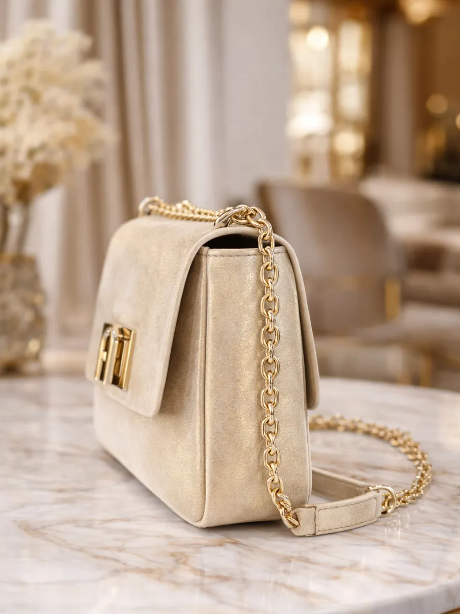 Krem Şampanya Kadın Omuz Çantası Gold Zincir Askılı Şık Gece Çantası