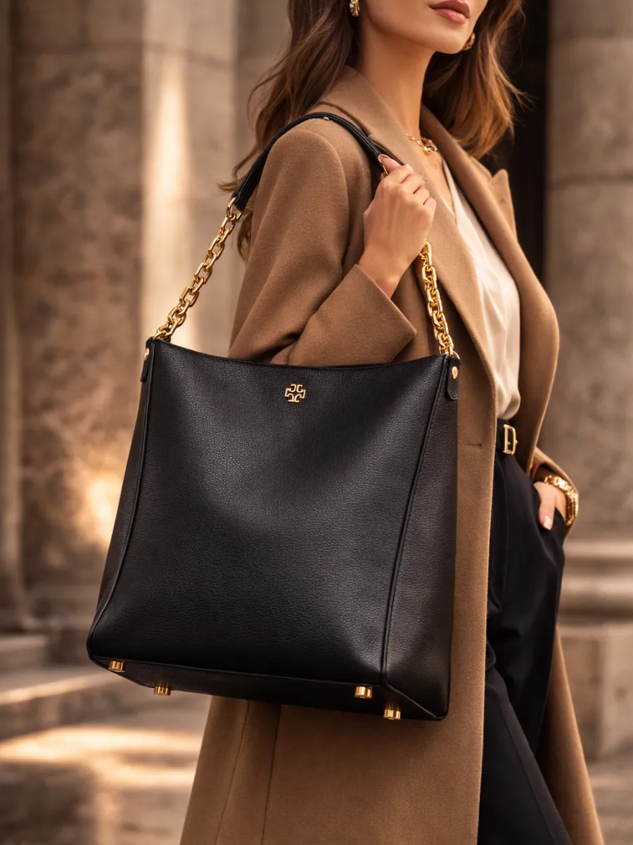 Lüks Siyah Full-Grain Deri Omuz Çantası Altın Zincir Detaylı