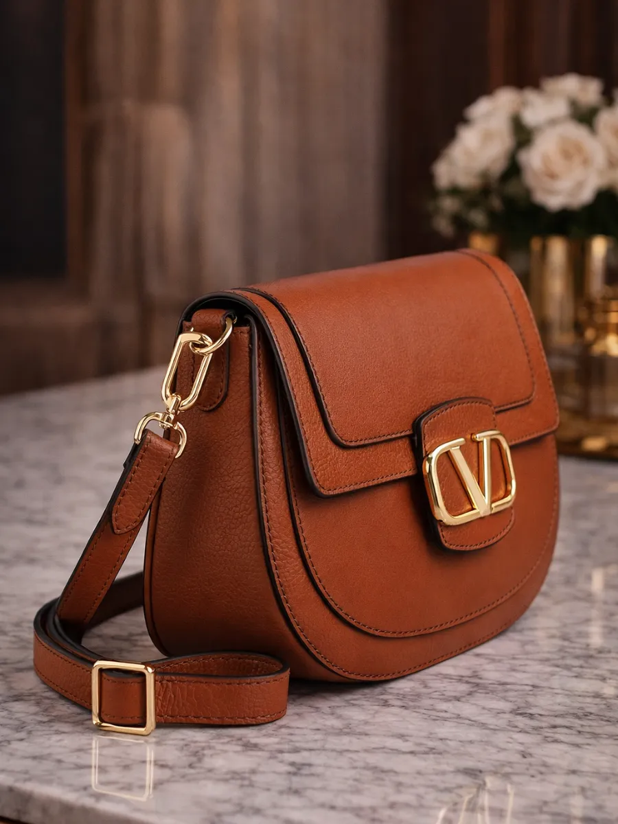 Taba Deri Kadın Omuz Çantası Gold V Tokalı Yarım Ay Çanta