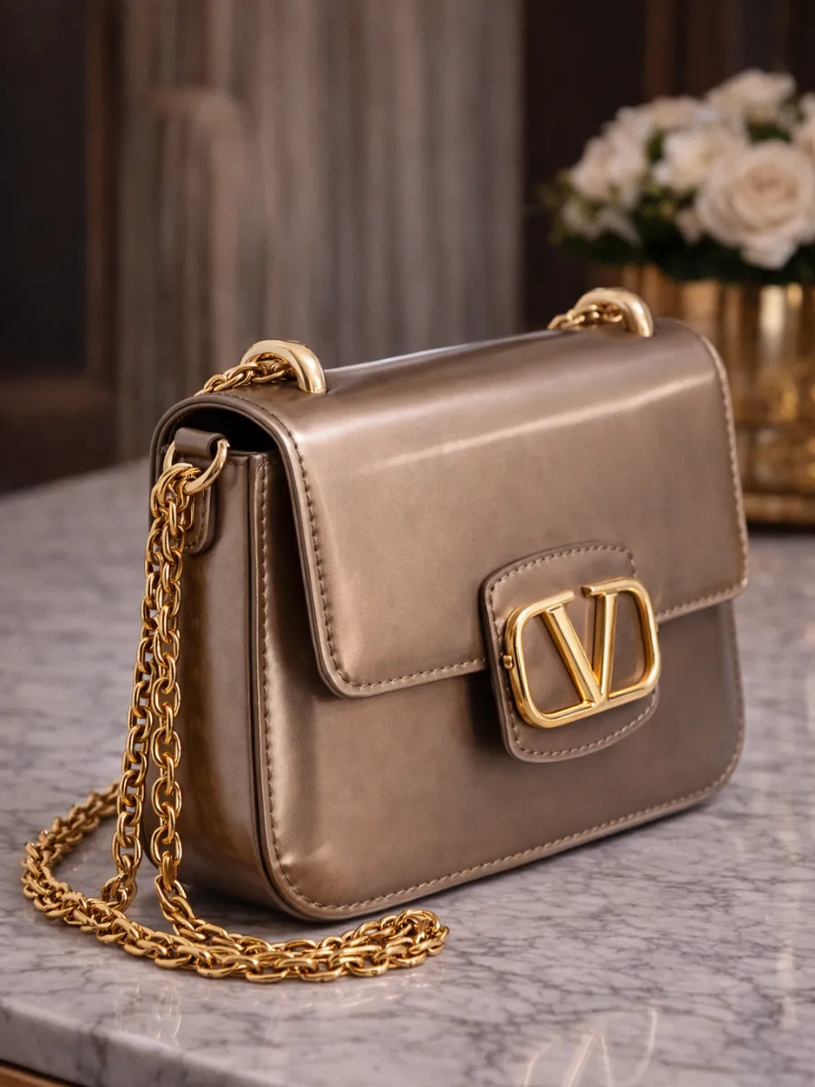 Vizon Deri Kadın Omuz Çantası Gold Zincir Askılı V Tokalı