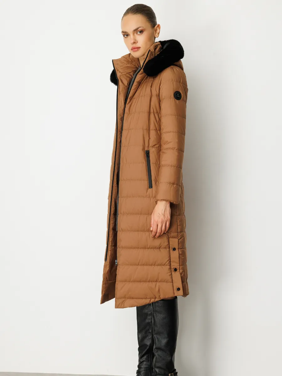 Kapüşonlu Kürk Detaylı Uzun Şişme Mont – Camel / Bej 5601