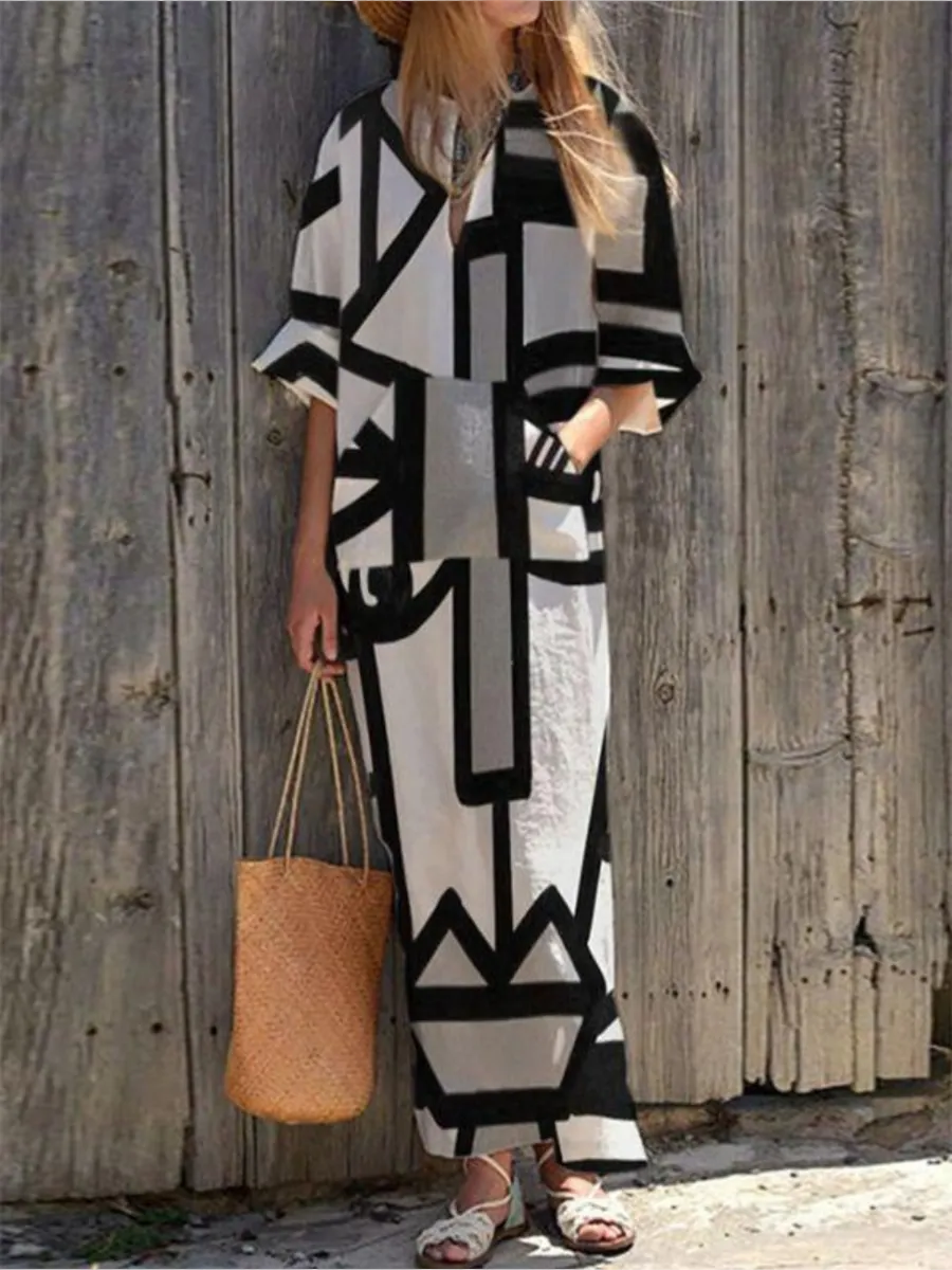 Sanatsal Desenli Maxi Elbise